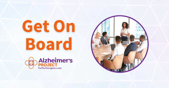 Get On Board Alzheimer's Project ForOurCaregivers.com (circular picture frame with purple border and people sitting around a table for a meeting)