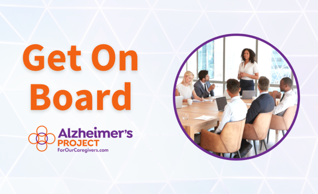 Get On Board Alzheimer's Project ForOurCaregivers.com (circular picture frame with purple border and people sitting around a table for a meeting)